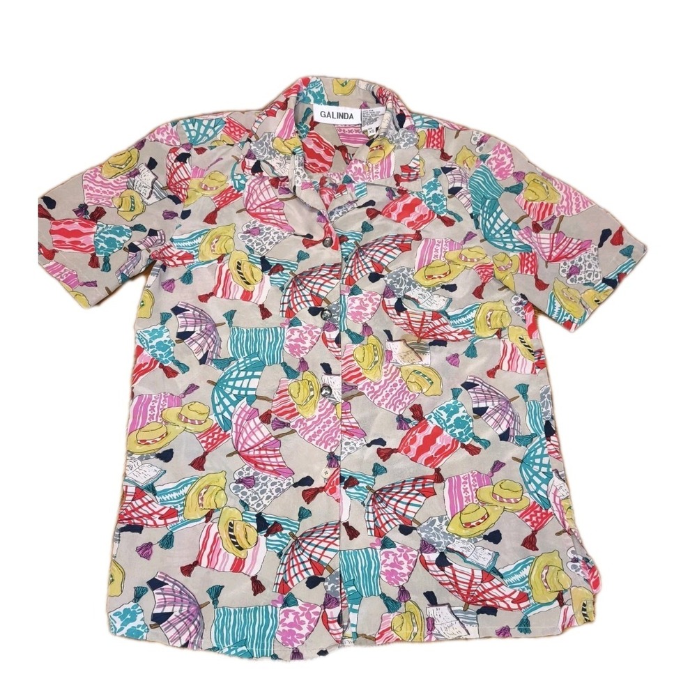 Vintage Galinda 100% Silk Hawaiian Camp Shirt Tropical Floral Women's XS